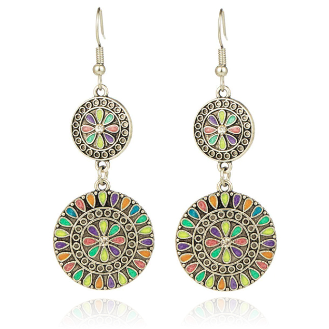 Dubbele ronde zilverkleurige dames oorbellen multicolor en strass
