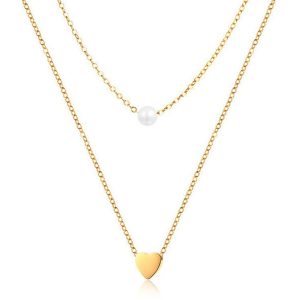 Dubbele ketting Edelstaal Verguld Goudkleurig Heart Pearl
