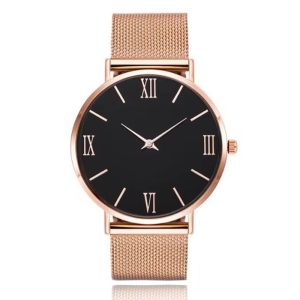 Elegant dameshorloge met zwarte wijzerplaat en roségoudkleurige mesh band