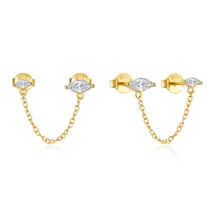Elegante Elenza Goudkeurige Oorbellen met Ketting en Zirkonia – Luxe Dames Sieraad