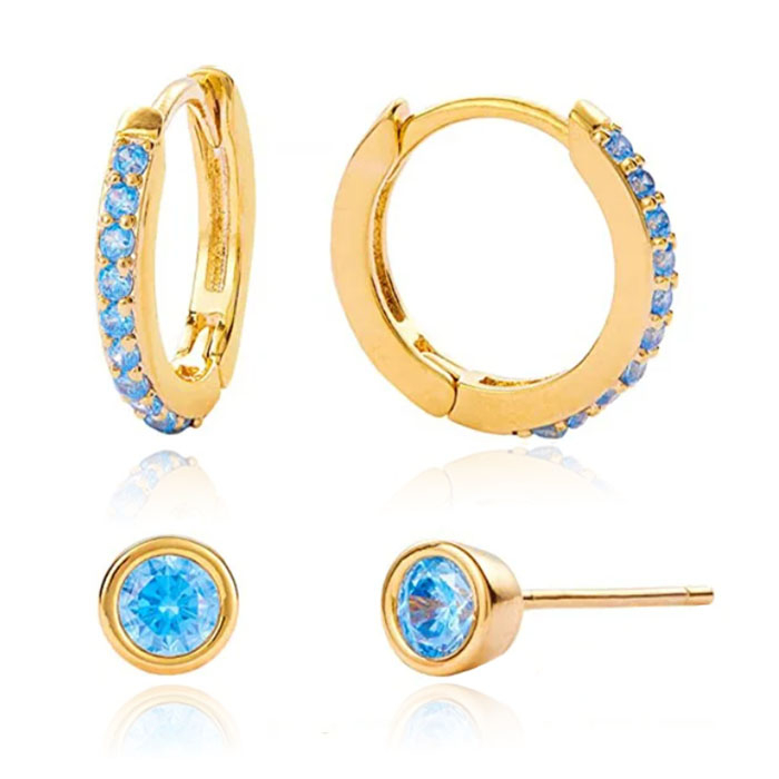 Elenza Goudkleurige Oorring- en Studset met Blauwe Zirconia