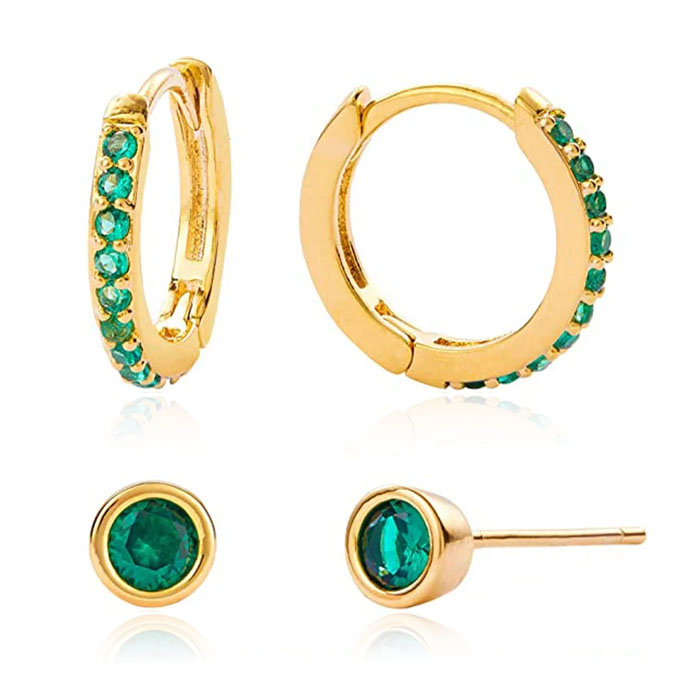 Elenza Goudkleurige Oorring- en Studset met Groene Zirconia