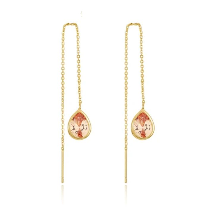 Elenza Goudkleurige Oorbellen met Peach Zirkonia in Kettingdesign