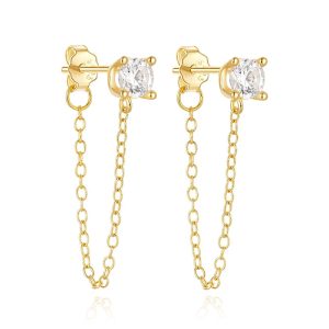 Elenza Sterling Zilveren Oorbellen met Ketting en Zirkonia – Goudkleurig