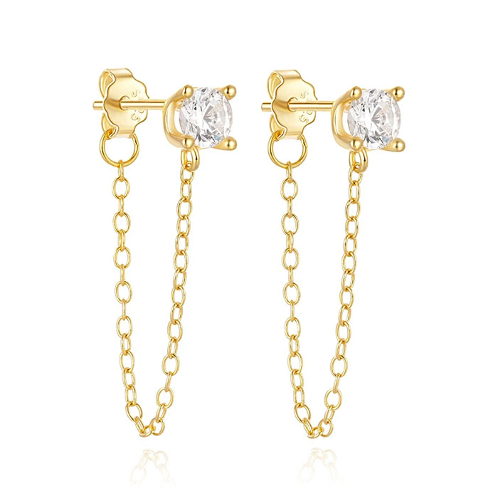 Elenza Sterling Zilveren Oorbellen met Ketting en Zirkonia – Goudkleurig
