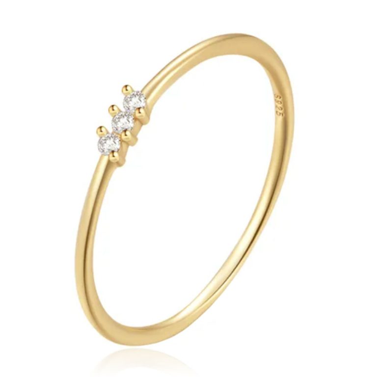 Elenza Thin .925 Zilveren Ring met Drie Zirconia's en Gouden Plating – 1mm-17mm