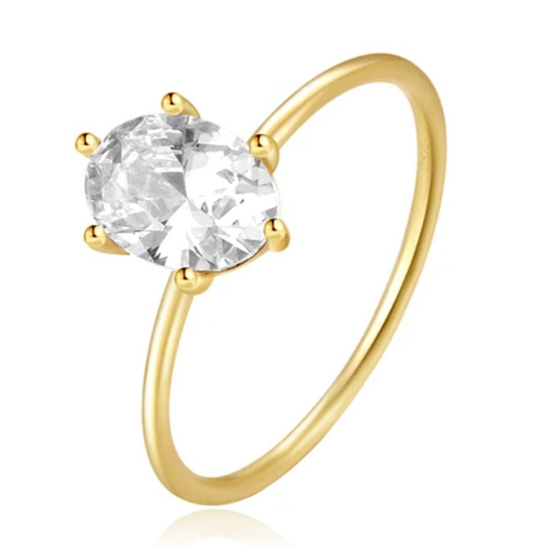 Elenza Thin .925 Zilveren Ring met Solitaire Ovalen Zirconia en Gouden Plating – 1mm-16mm