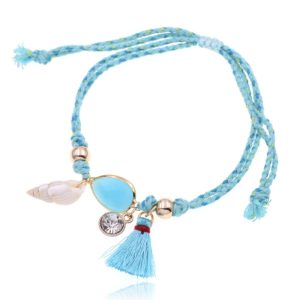 Enkelband blauw verstelbaar van touw met schelpje en kristal