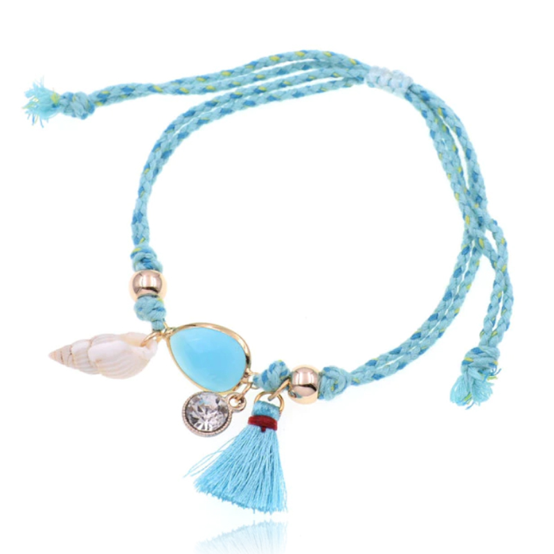 Enkelband blauw verstelbaar van touw met schelpje en kristal