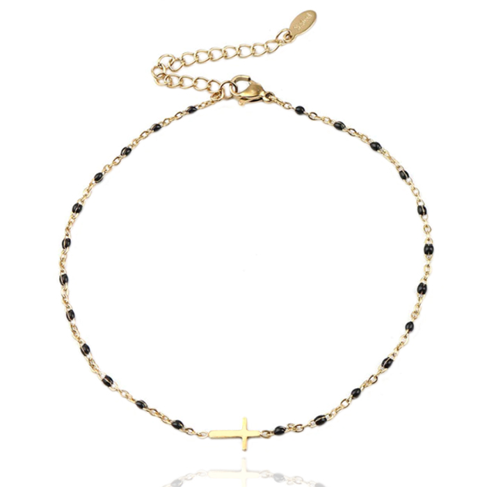 Enkelband Goud & Emaille – Cross Black