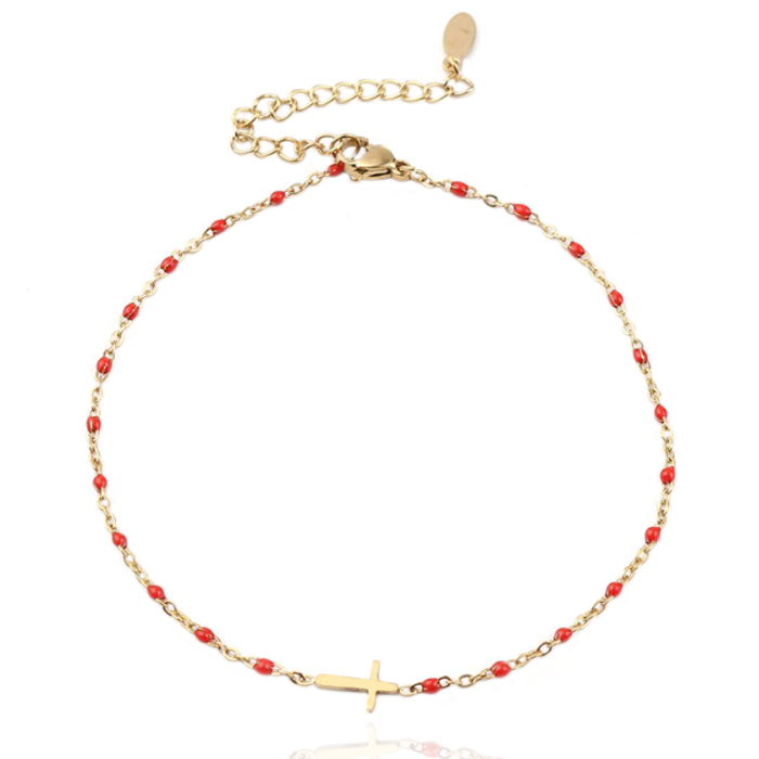 Enkelband Goud & Emaille – Cross Red