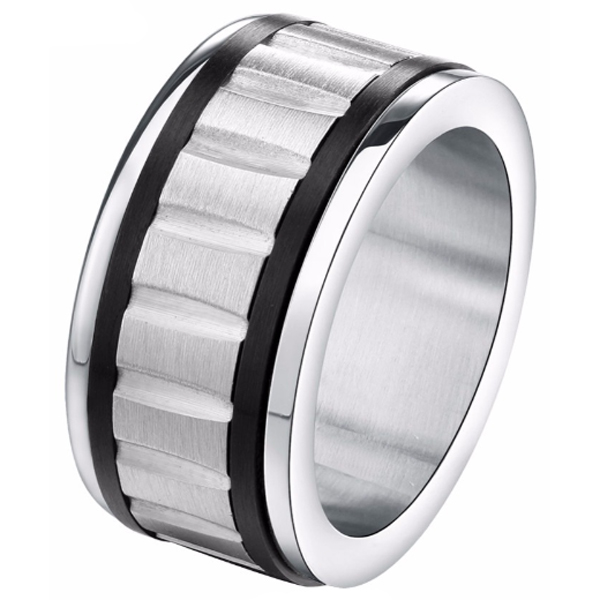 Gegroefde stalen heren ring Zwart Zilver -21mm