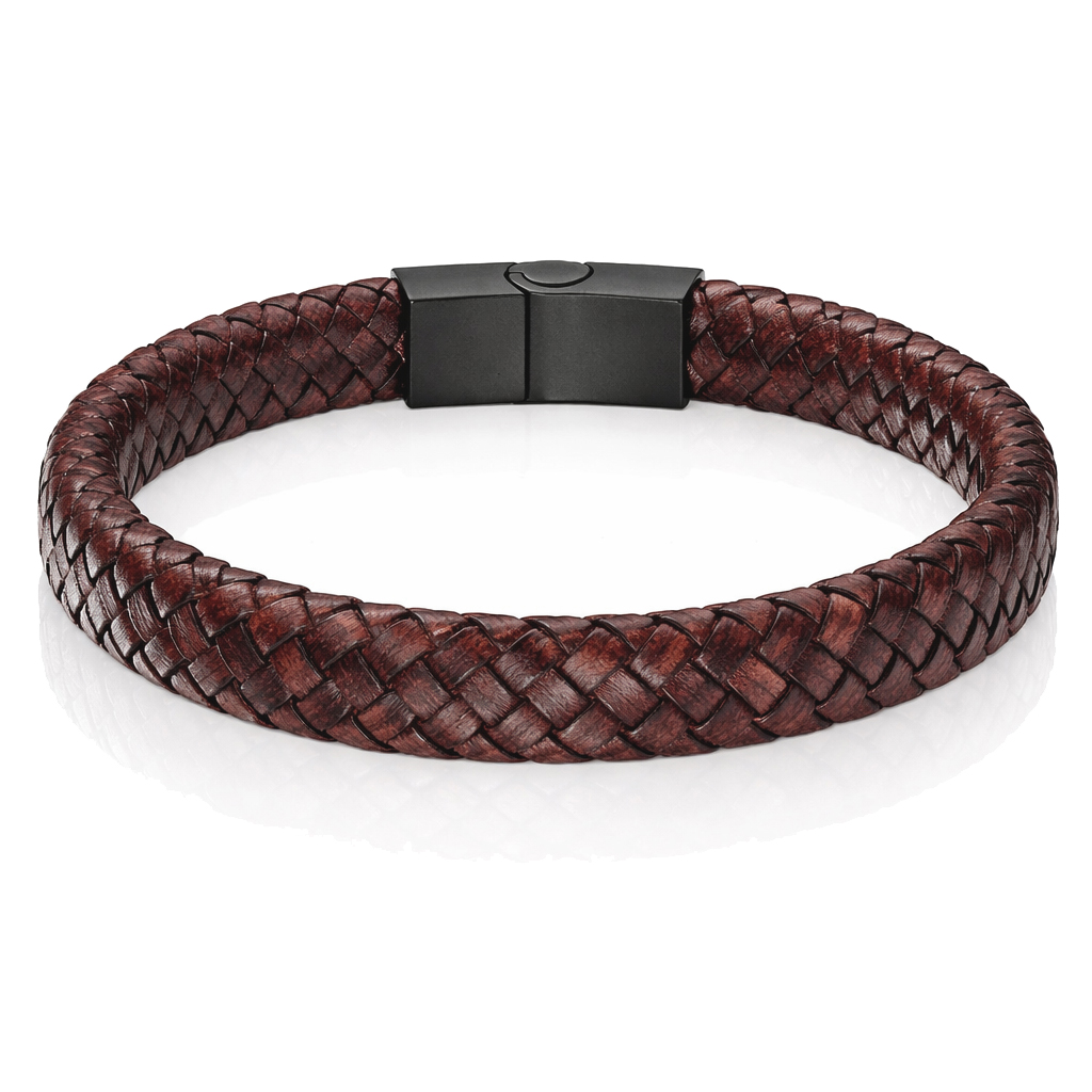 Gevlochten Leren Armband Heren Edelstaal Sluiting Bruin-18.5cm