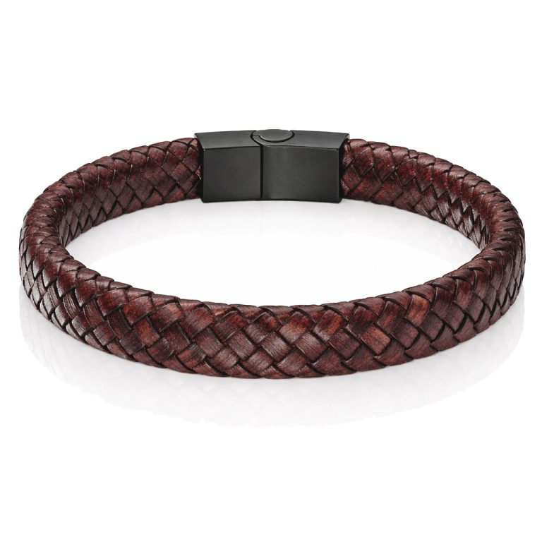 Gevlochten Leren Armband Heren Edelstaal Sluiting Bruin-20.5cm