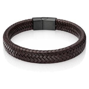 Gevlochten Leren Armband Heren Edelstaal Sluiting Bruin Zwart-20.5cm