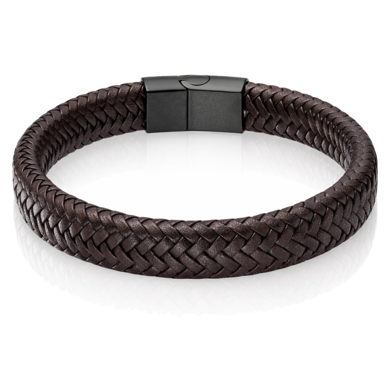 Gevlochten Leren Armband Heren Edelstaal Sluiting Bruin Zwart-22cm