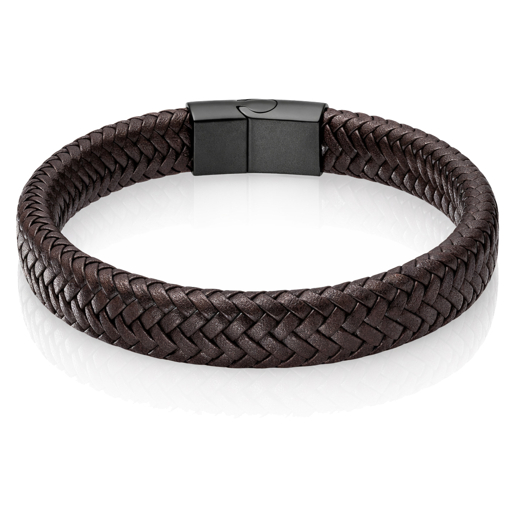 Gevlochten Leren Armband Heren Edelstaal Sluiting Bruin Zwart-18.5cm
