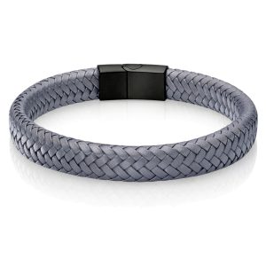Gevlochten Leren Armband Heren Edelstaal Sluiting Grijs Zwart-22cm