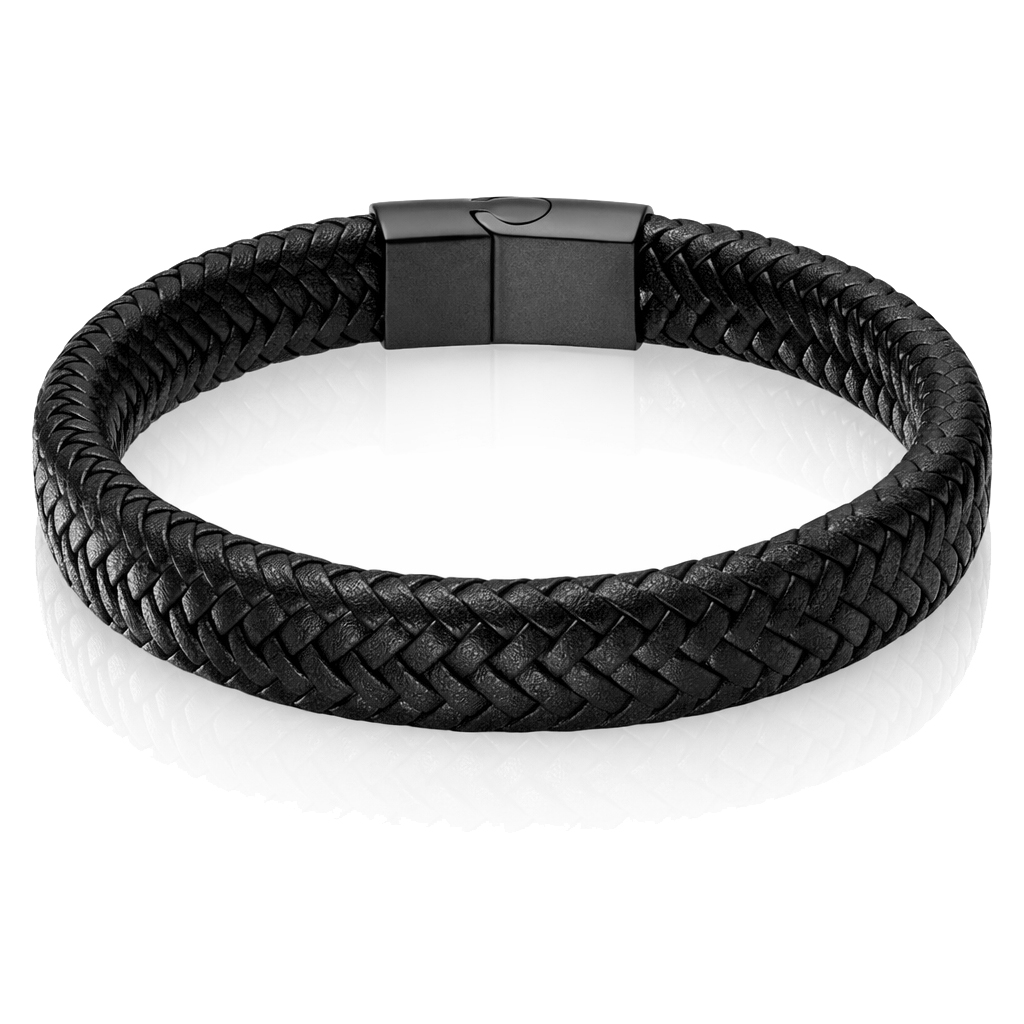 Gevlochten Leren Armband Heren Edelstaal Sluiting Zwart-20.5cm