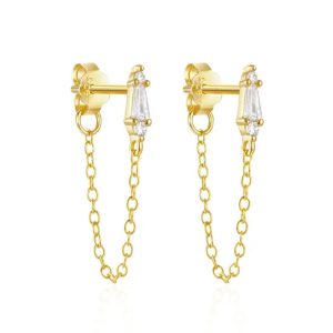Goudkleurige Elenza Oorbellen met Ketting en Zirkonia – Luxe Dames Sieraad
