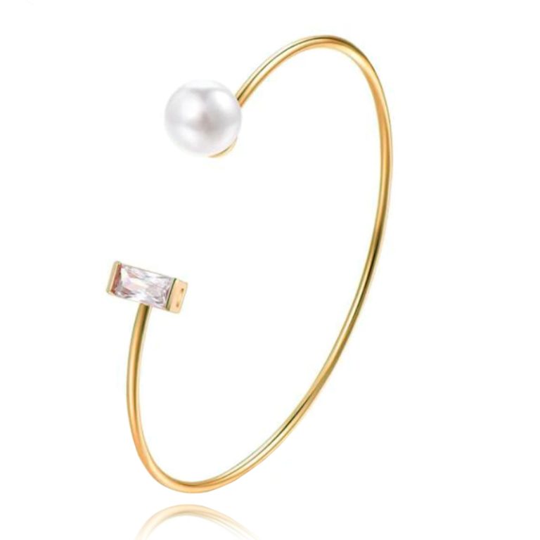 Goudkleurige armband met Rechthoekige Zirkonia Steen en Imitatie Parel