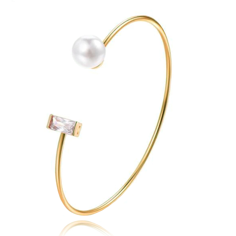 Goudkleurige armband met Rechthoekige Zirkonia Steen en Imitatie Parel