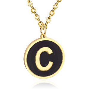 Goudkleurige Dames Schakelketting met Zwarte Kettinghanger Letter C