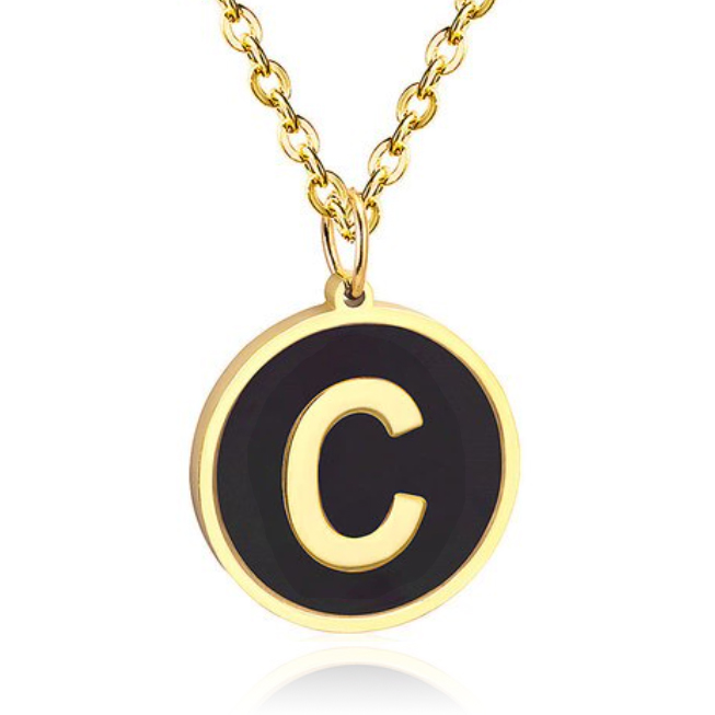 Goudkleurige Dames Schakelketting met Zwarte Kettinghanger Letter C