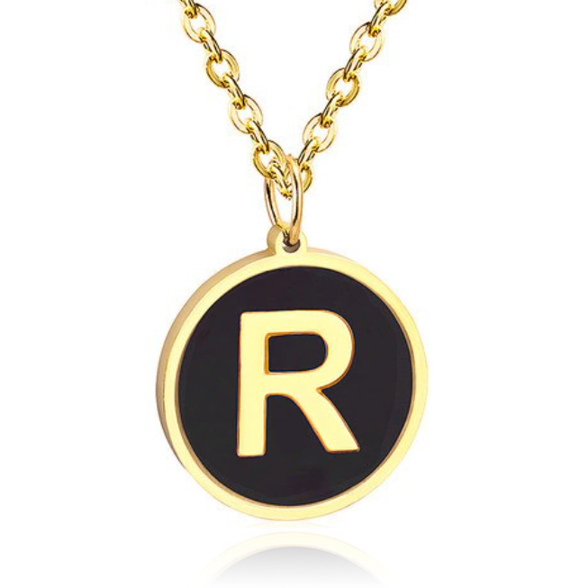 Goudkleurige Dames Schakelketting met Zwarte Kettinghanger Letter R