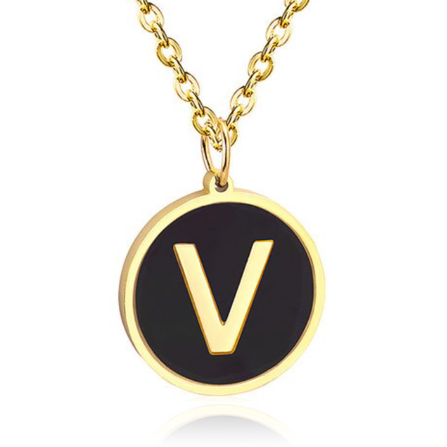 Goudkleurige Dames Schakelketting met Zwarte Kettinghanger Letter V