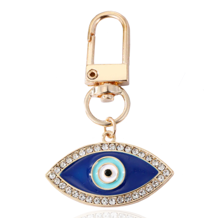 Goudkleurige Oog Sleutelhanger Blauw met Strass Steentjes