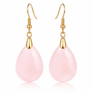 Goudkleurige Oorbellen voor Dames met Druppelvormige Roze Kwarts Hanger