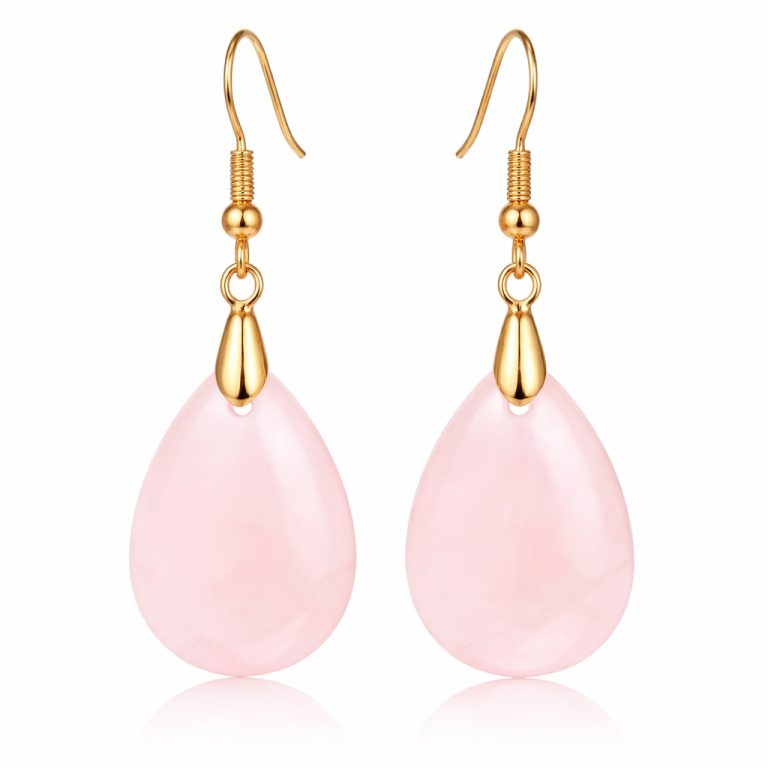 Goudkleurige Oorbellen voor Dames met Druppelvormige Roze Kwarts Hanger