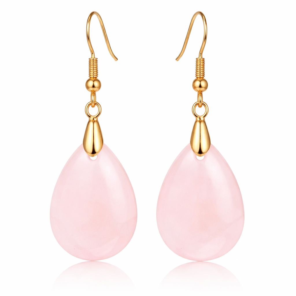 Goudkleurige Oorbellen voor Dames met Druppelvormige Roze Kwarts Hanger