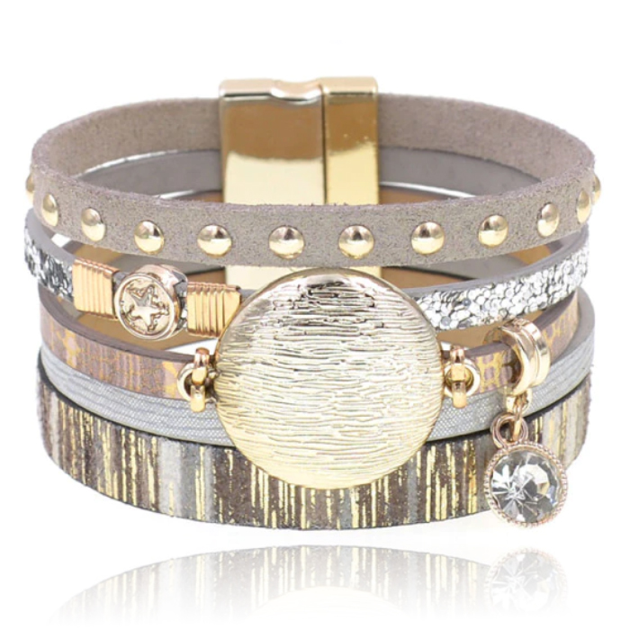 Grijze multicolor leren dames armband Ibiza stijl met bedels en studs