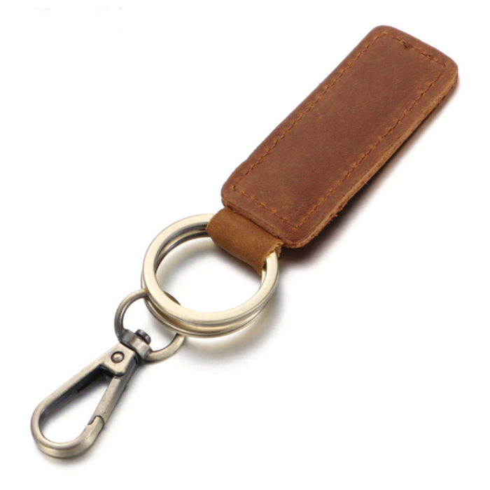 Heren Sleutelhanger met Bruin Leren Label en Musketon