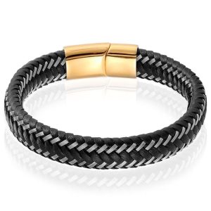 Heren armband Leer Edelstaal LGT Jewels Goudkleurig Zwart – 19cm