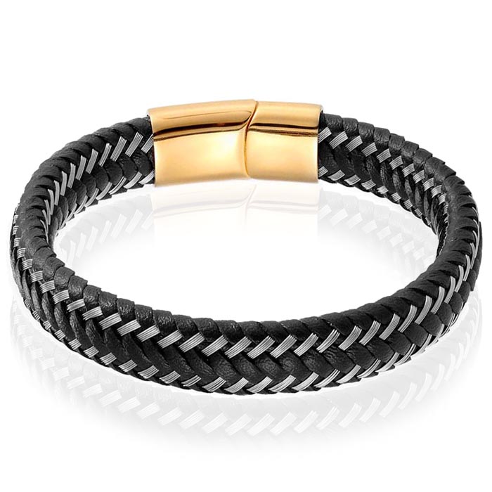 Heren armband Leer Edelstaal LGT Jewels Goudkleurig Zwart – 19cm