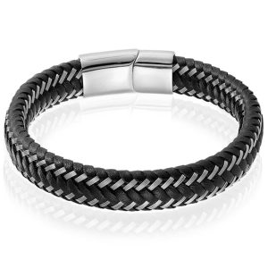 Heren armband Leer Edelstaal LGT Jewels Zilverkleurig Zwart – 21cm