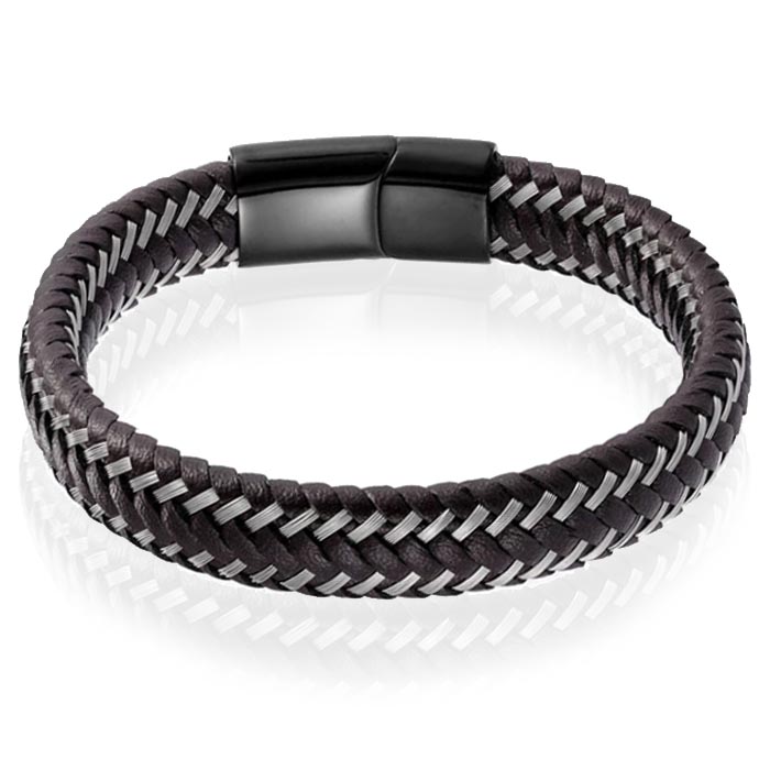 Heren armband Leer Edelstaal LGT Jewels Zwart Bruin – 19cm