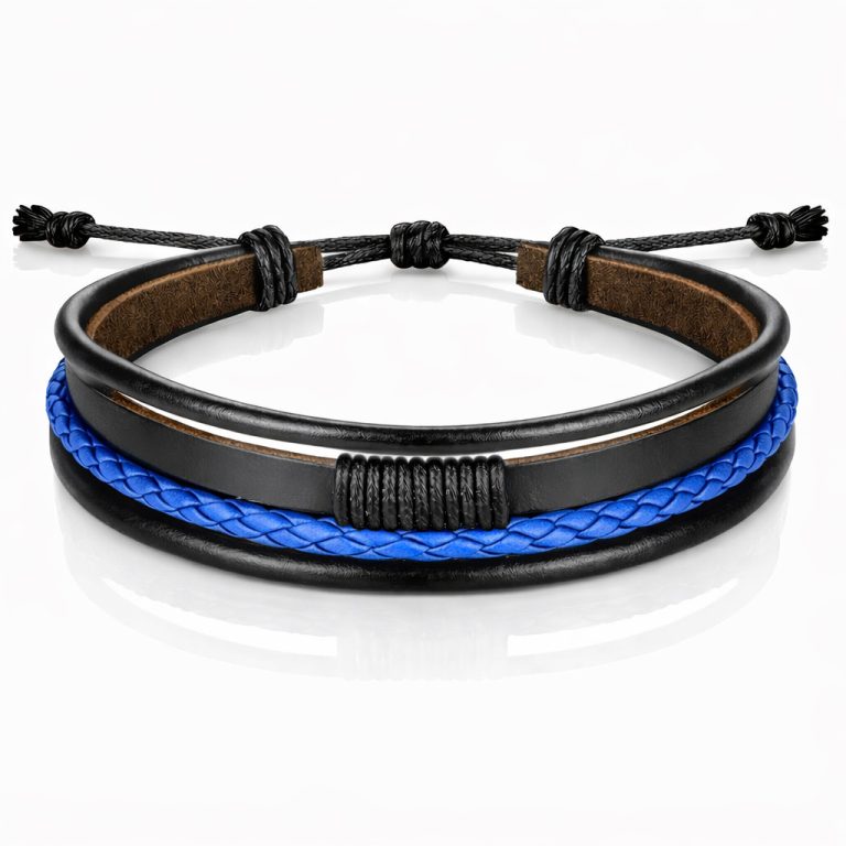 Heren armband Leer Zwart Blauw Verstelbaar Touw Multi armband