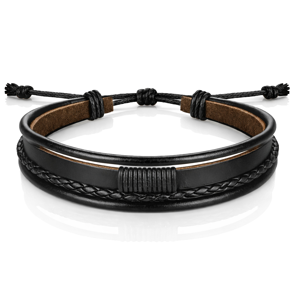 Heren armband Leer Zwart Verstelbaar Touw Multi armband