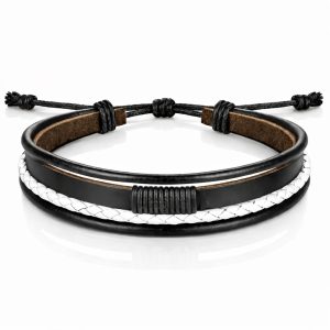 Heren armband Leer Zwart Wit Verstelbaar Touw Multi armband