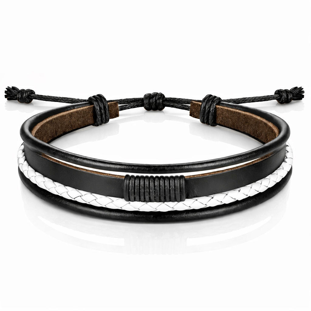 Heren armband Leer Zwart Wit Verstelbaar Touw Multi armband