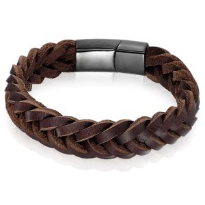 Heren armband LGT Jewels Gevlochten Leer Edelstaal Bruin Zwart-21cm