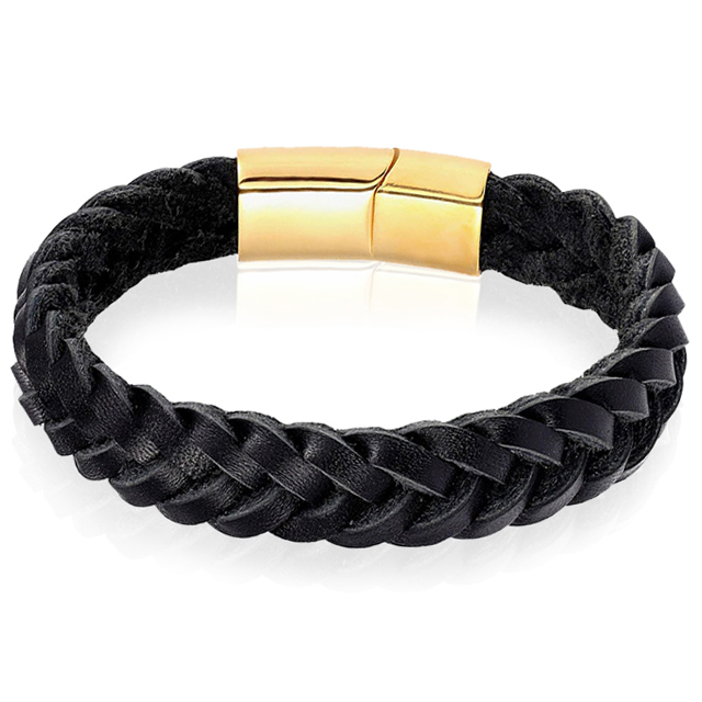 Heren armband LGT Jewels Gevlochten Leer Edelstaal Zwart Goudkleurig-21cm