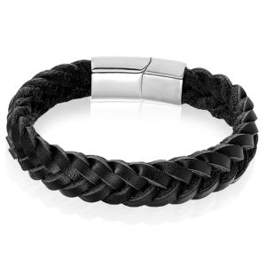 Heren armband LGT Jewels Gevlochten Leer Edelstaal Zwart Zilverkleurig-23cm