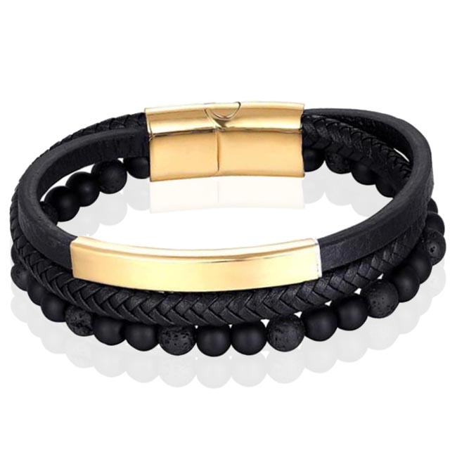 Heren armband Memphis Agaat kraal gevlochten leer Goudkleurig Zwart – 19cm