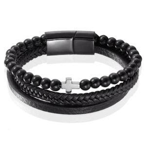 Heren armband Memphis Agaat kraal gevlochten leer Kruis Zwart – 21cm