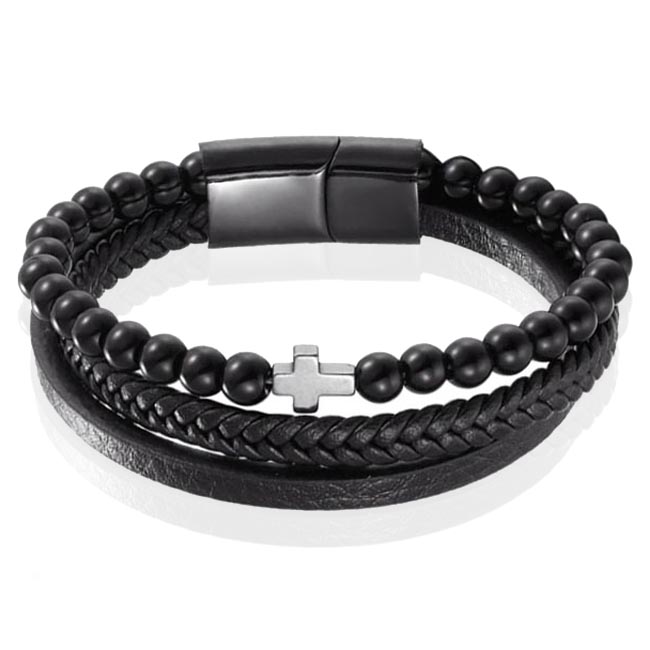 Heren armband Memphis Agaat kraal gevlochten leer Kruis Zwart – 21cm